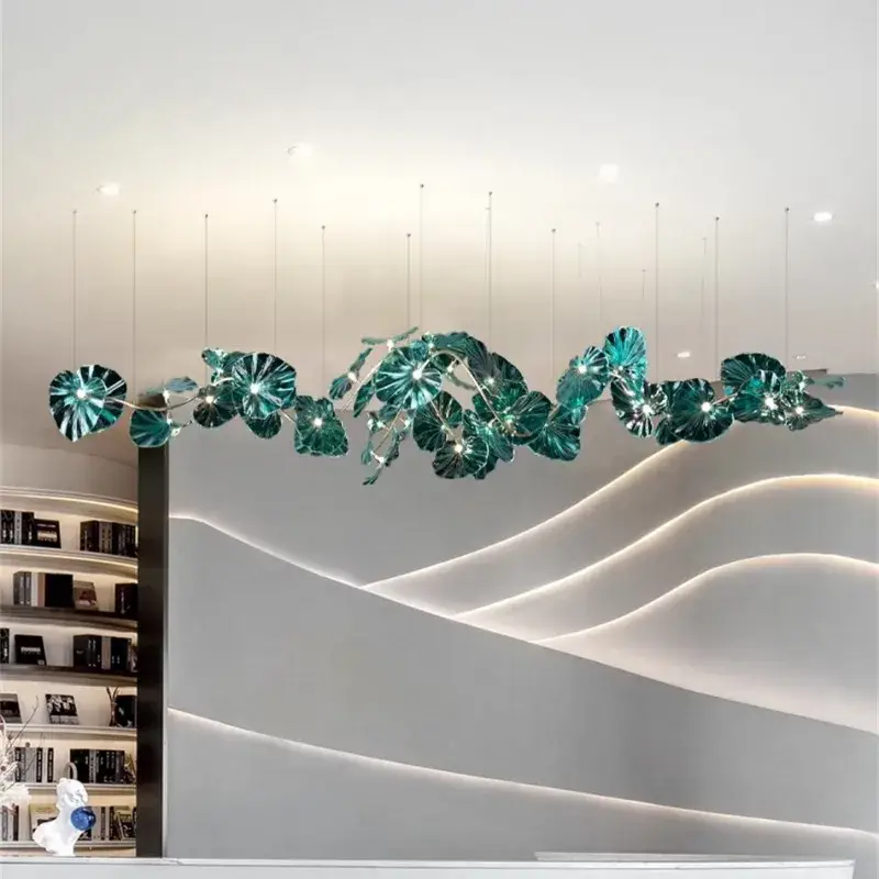 Green Glass Leaf Crystal Hanging Chandelier For Hotel Lobby