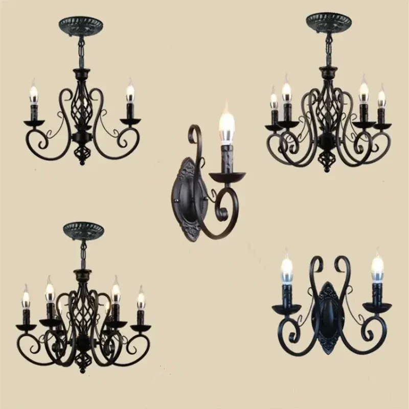 Chandelier Light Black Wrought Iron Lamps For Living Room Bar Restaurant