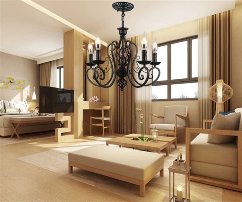 Chandelier Light Black Wrought Iron Lamps For Living Room Bar Restaurant
