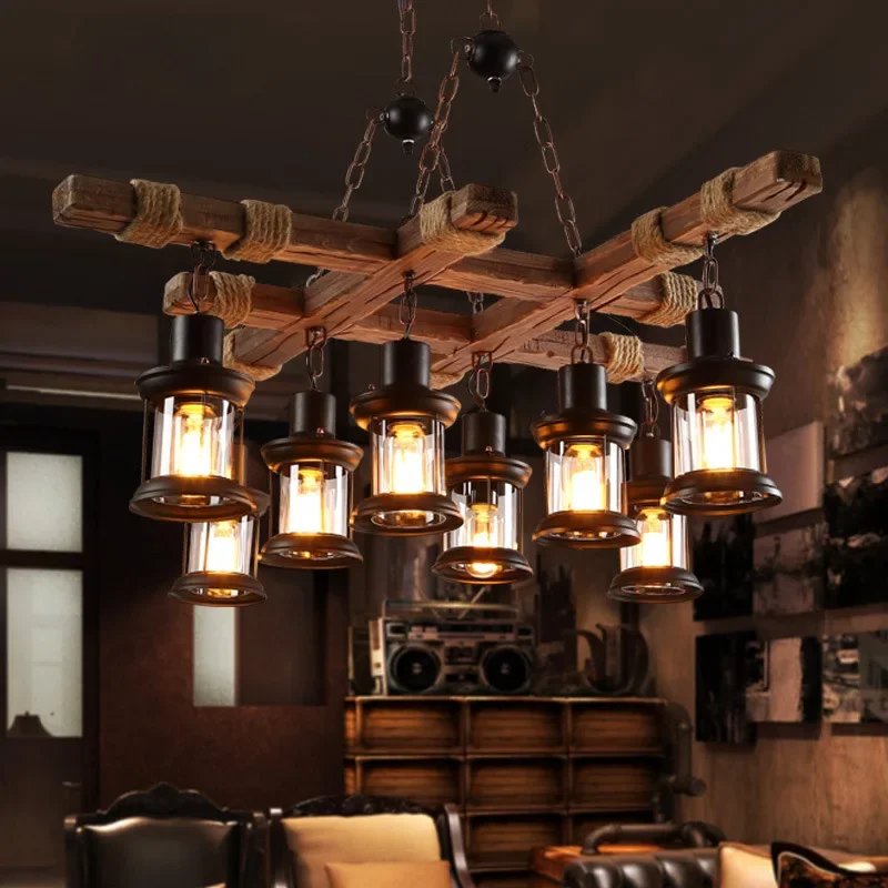 Retro Wood Pendant Lights 8 Head Chandelier Wooden Droplight