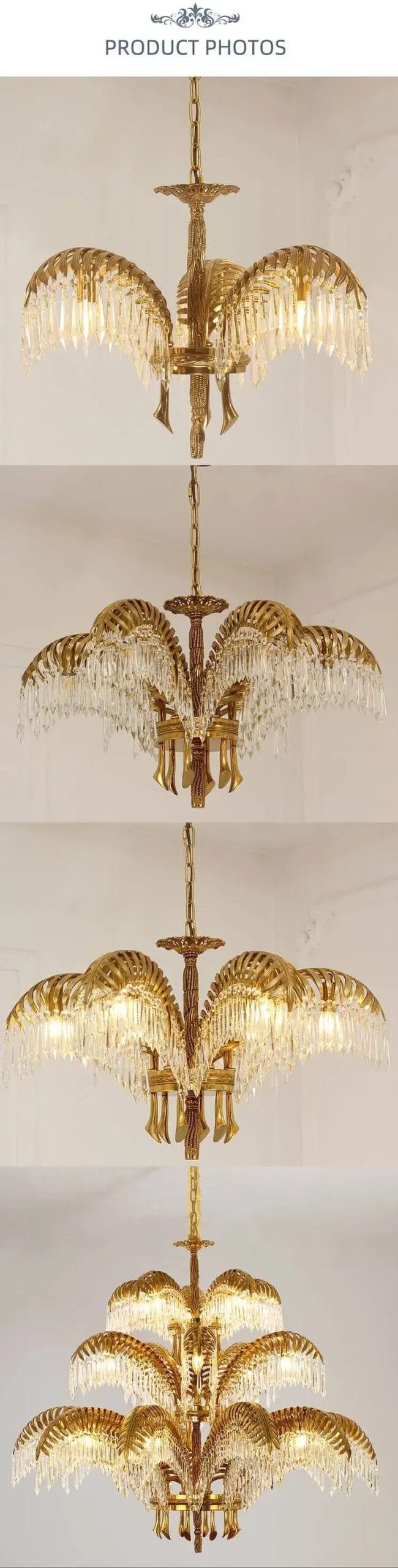 Crystal Palm Chandelier Hand Carving Gold Brass Hanging Pendant Lights Luxury