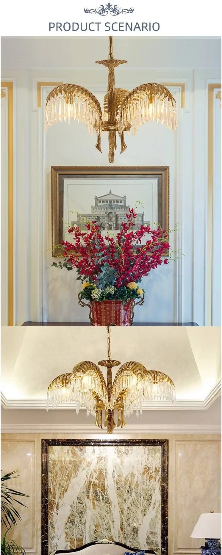 Crystal Palm Chandelier Hand Carving Gold Brass Hanging Pendant Lights Luxury