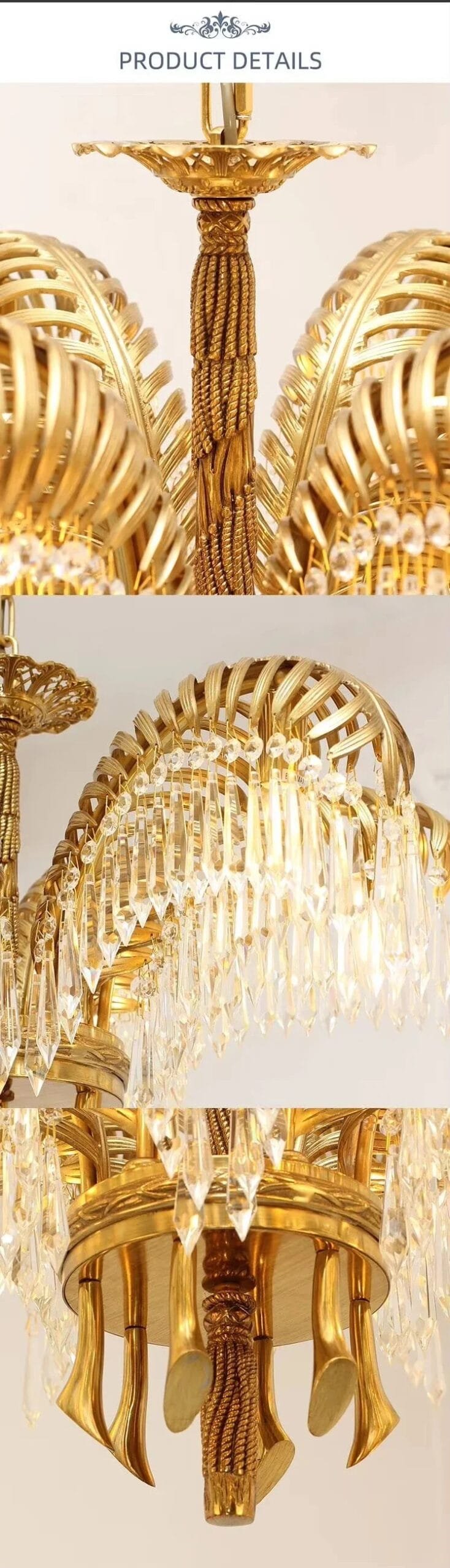 Crystal Palm Chandelier Hand Carving Gold Brass Hanging Pendant Lights Luxury