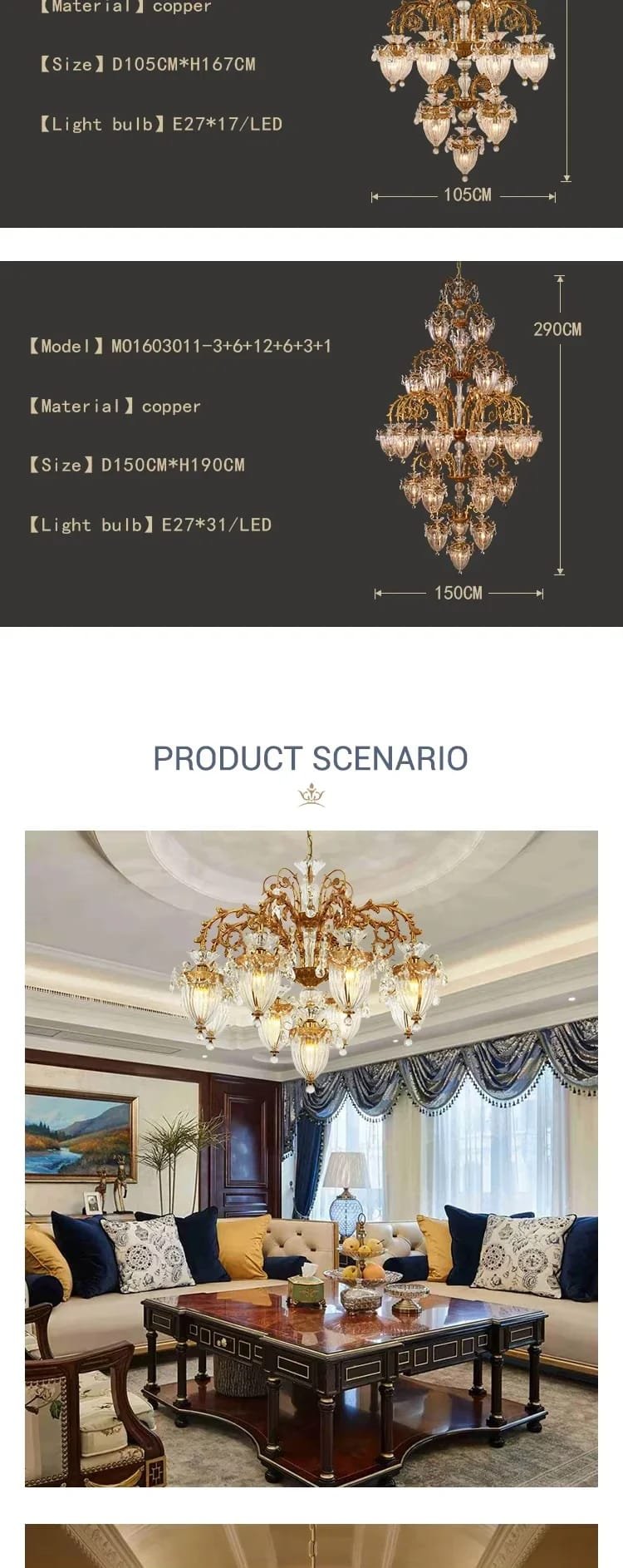 Pendant Chandelier European Rococo Classic Luxury Light Large Customize