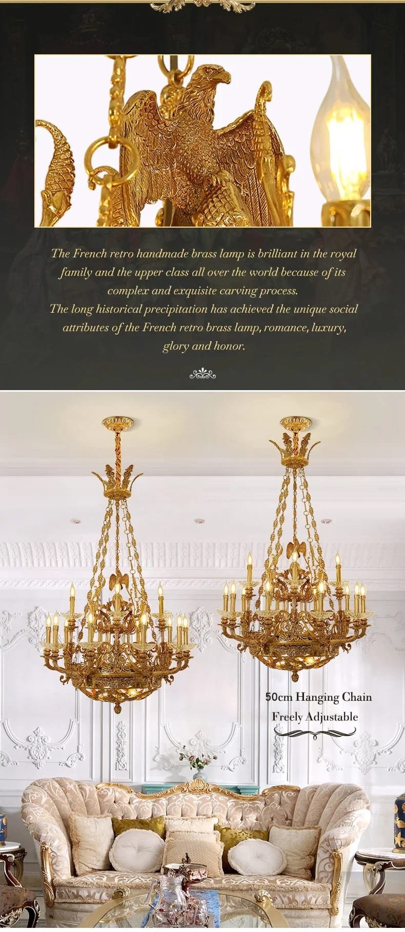 Brass Large Chandelier Baroque Classic Design Pendant Light