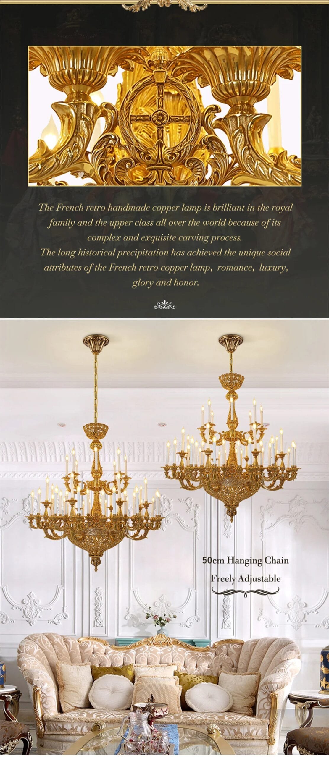 Brass Large Chandelier Lighting French Copper Pendant Light