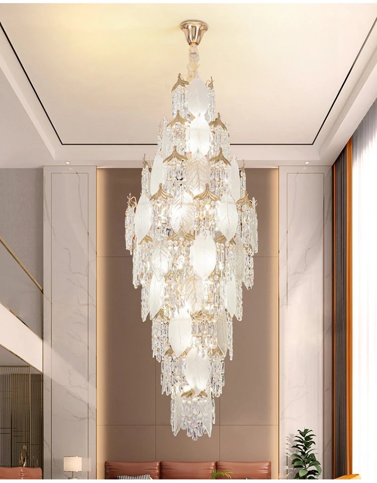 High Ceiling Spiral Staircase Crystal Chandelier Long Pendant Lighting