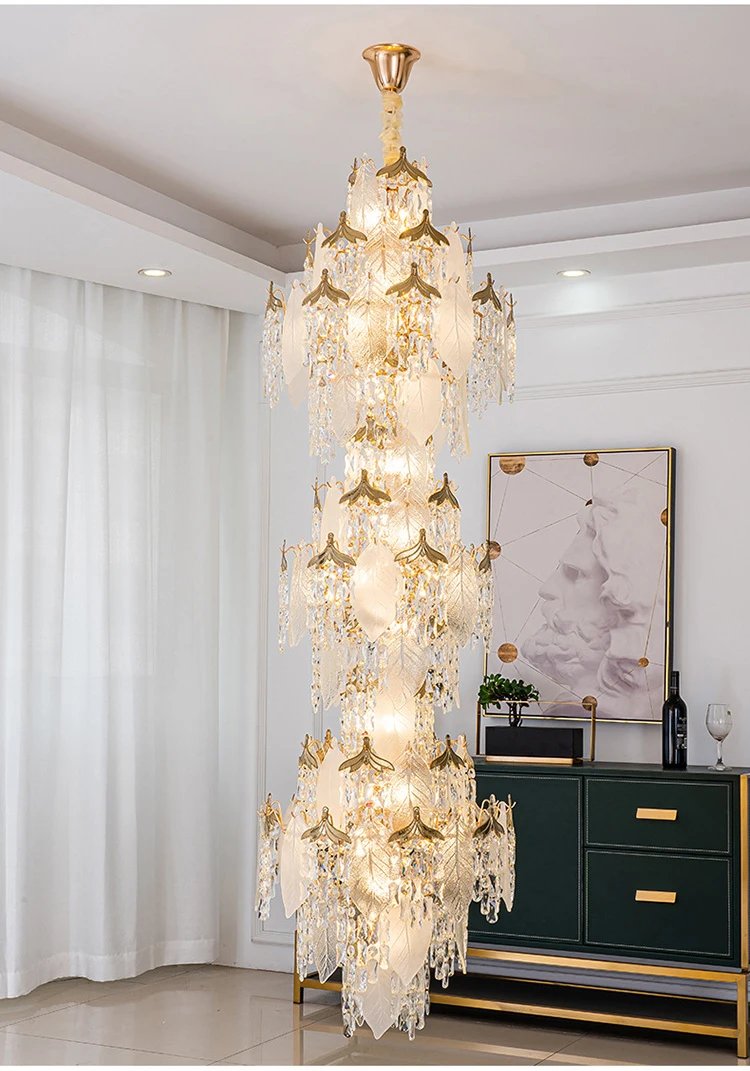 High Ceiling Spiral Staircase Crystal Chandelier Long Pendant Lighting