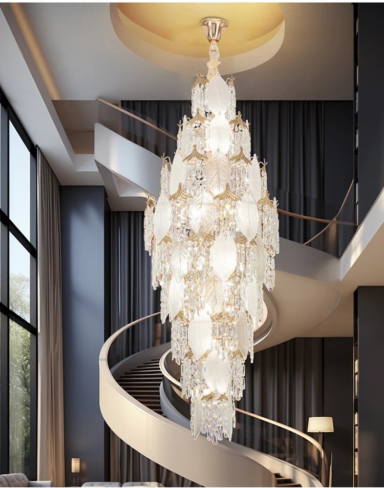 High Ceiling Spiral Staircase Crystal Chandelier Long Pendant Lighting