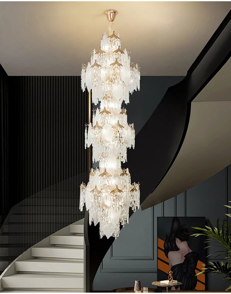 High Ceiling Spiral Staircase Crystal Chandelier Long Pendant Lighting