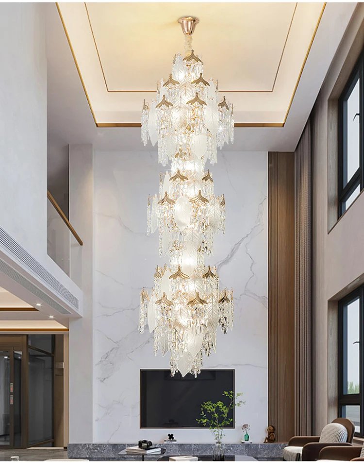 High Ceiling Spiral Staircase Crystal Chandelier Long Pendant Lighting