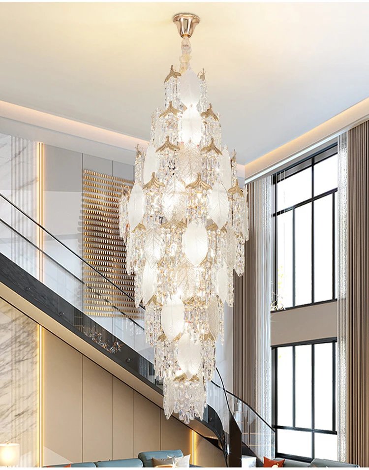 High Ceiling Spiral Staircase Crystal Chandelier Long Pendant Lighting