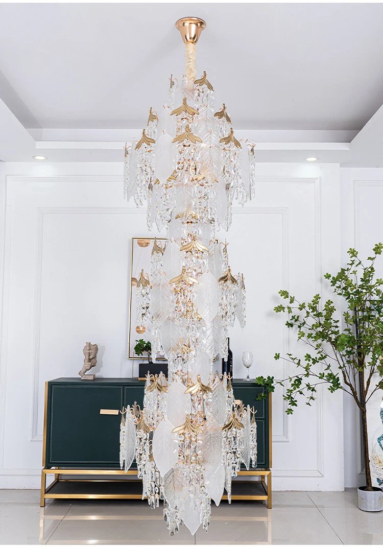 High Ceiling Spiral Staircase Crystal Chandelier Long Pendant Lighting