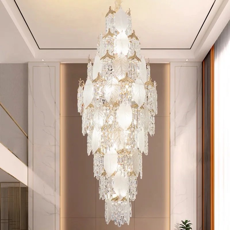 High Ceiling Spiral Staircase Crystal Chandelier Long Pendant Lighting