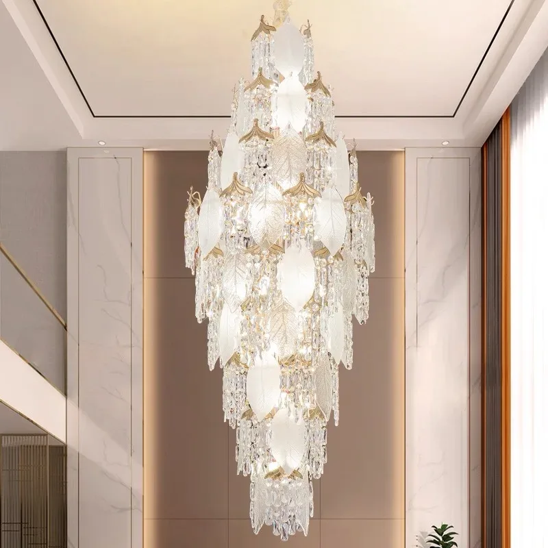 High Ceiling Spiral Staircase Crystal Chandelier Long Pendant Lighting