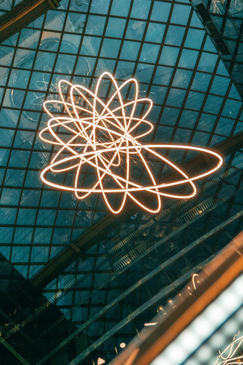 Abstract view of neon lights against a glass ceiling in Moscow, Russia.