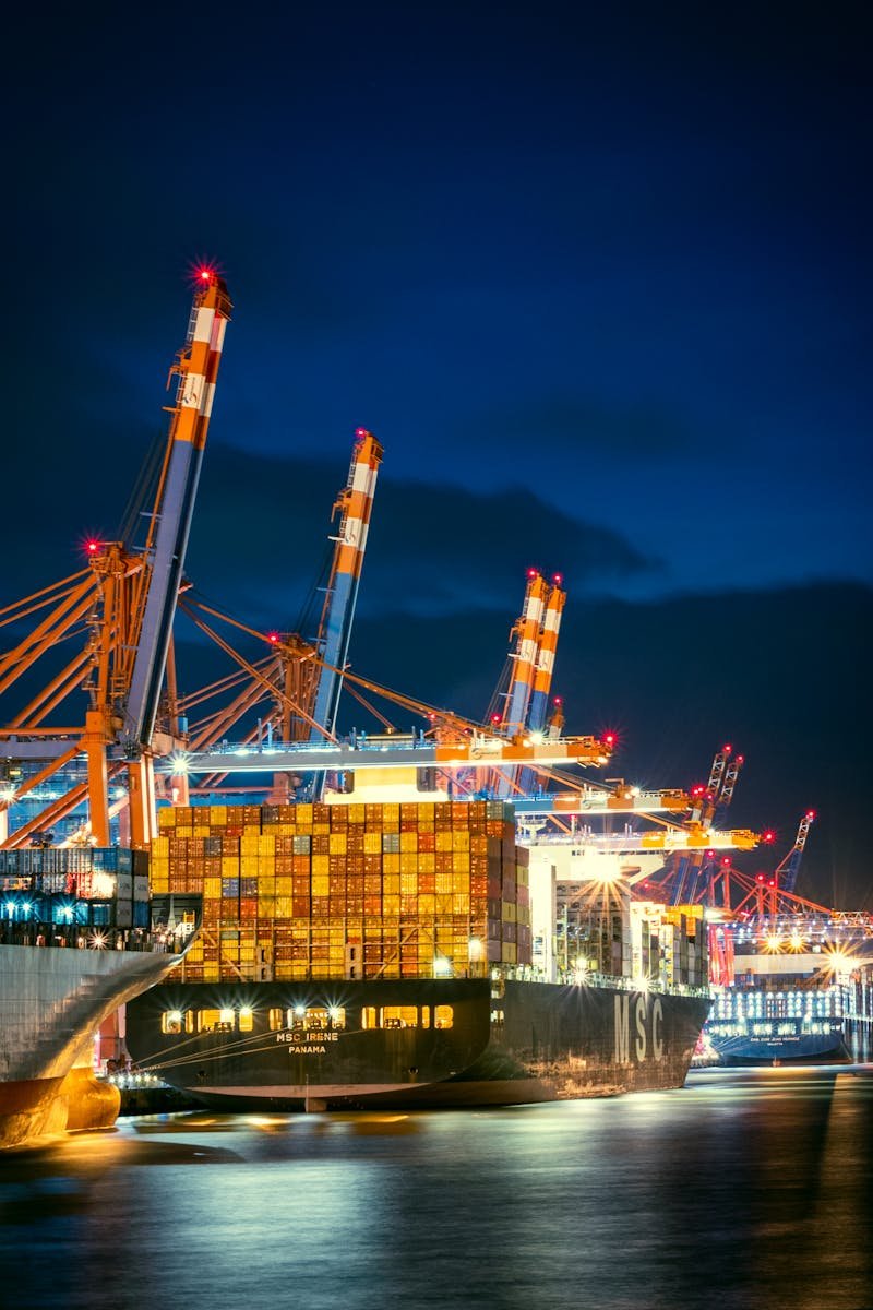 Vibrant night view of container ships at Hamburg port with cranes illuminated.